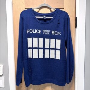 Hot Topic Blue Knit Sweater Doctor Who T.A.R.D.I.S. Distressed Sweater police